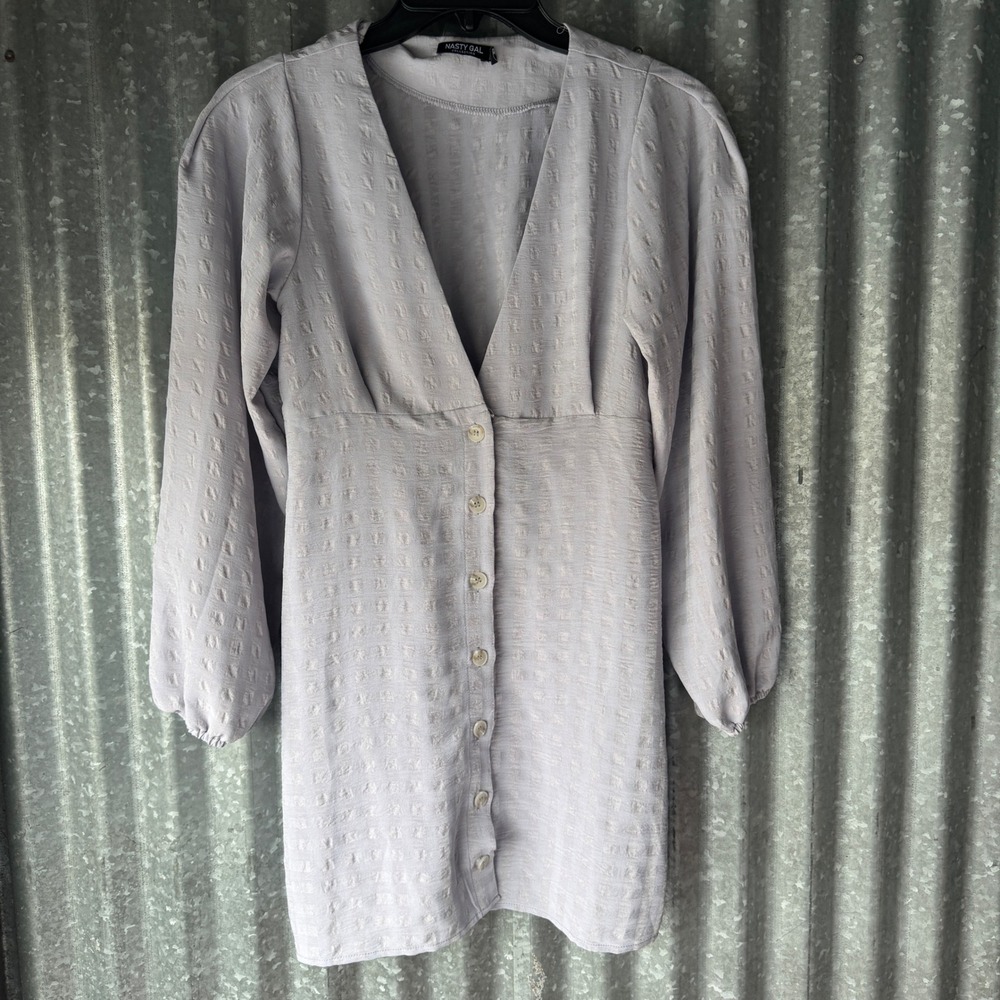 Nasty Gal Gingham Plaid Pale Lavender Button Balloon Sleeve Mini Dress Sz 2